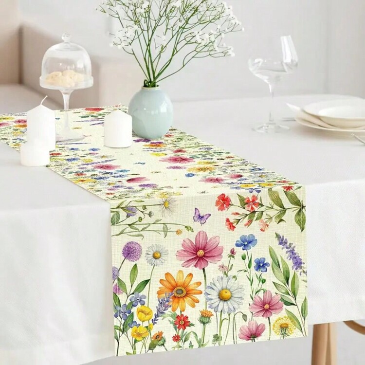 Camino de mesa de lino elegante con estampado floral - Opción perfecta para decorar la mesa del comedor y la cocina, impresión de un solo lado, opciones de tamaño: 13x48/72/108 pulgadas, construcción tejida, rectangular, para decorar la mesa del dormitorio y del comedor de fiestas - Multicolor - Añade 9