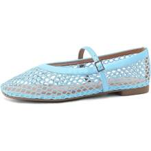 Ballet Flats For Women Comfortable Square Toe Ballerina Flats Buckle Strap Casual Fishnet Flat Shoes - 藍色 - 查看 2