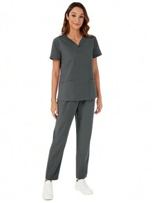 V-Neck Short Sleeve Top And Pocketed Pants Uniform Set, Scrub Set - Grey - View 6