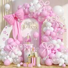 Kit de 109 piezas de arco de globos elegante rosa y blanco con cintas de satén y acentos de estrellas, ideal para duchas, bodas y cumpleaños. Incluye pancarta "Oh" y decoraciones para soporte de pastel, globos de cumpleaños - Multicolor - Ver 1