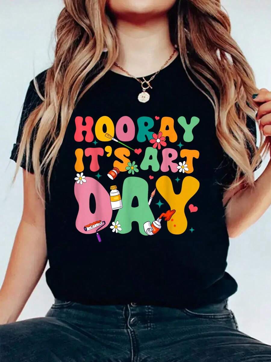 Hooray Its Art Day Art Teacher Artist Back To School Women T-Shirt Print Cotton T-Shirt For Summer, Women's Soft Short Sleeve Top, Stylish Comfy Tee For Women Graphic Tees - Black - View 1