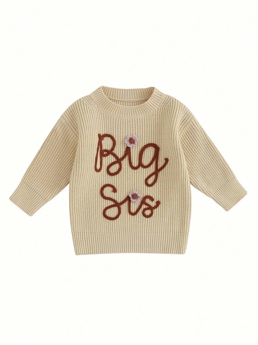 Kid Girl Autumn Sweater Sisters' Sweaters Long Sleeve Round Neck Flower Letter Embroidery Pattern Knitwear Pullover BIG/LIL SIS Embroidery Pullover - Apricot - View 1