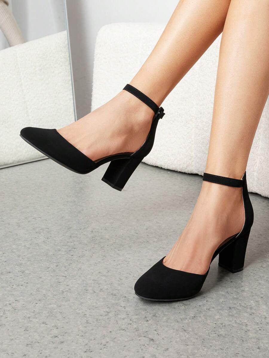 Women's Ankle Strap Closed Toe Chunky Heel Pumps Low Block Round Toe Solid Color Heels Elegant Bridal Wedding Dress Pumps Shoes - 黑色 - 查看 1