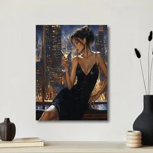 1 Pc  Fashion Girl Holiday Room DecorWooden Framed Canvas Painting -  Thickness 2.25cm/0.9inch,Home Gift Decoration, Room Decoration Aesthetic, Wall Decoration Art, Perfect Gift, Autumn And Winter Wall Decoration, Living Room Decoration, Bedroom Decoration, Kitchen Decoration, Entry Decoration, Bathroom Decoration, Direct Wall Painting, High Quality Wall Painting Poster - 黑色 - 查看 3