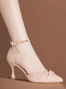 Hollow Design High Heel Pumps, Strap Buckle Decoration, Pointed Toe, Rhinestone Accent, Elegant - Pink - View 4