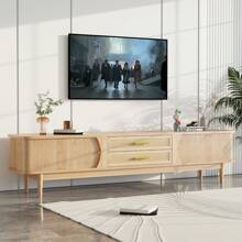 Modern TV Stand For TVs Up To 70 Inches, Entertainment Center With Rattan Door, 2 Drawers And Cabinets, Wood TV Storage Cabinet With Solid Wood Legs And Metal Handles For Living Room,Modern TV Console Table, TV Media Console, Living Room Furniture, Low Profile TV Stand Entertainment Center With Sliding Door, Drawer, Storage Shelves, Mid Century Modern Media TV Console - tự nhiên - Xem 2