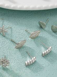 20 Pairs Fully Rhinestone Heart & Bowknot Stud Earrings Set - Silver - View 5