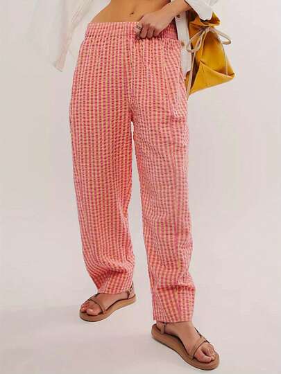 Women's Spring Summer Baggy Pants Elastic Waistband Wide Leg Plaid Pants With 2 Pockets