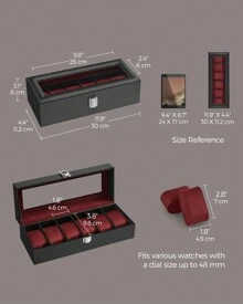 SONGMICS Watch Box With 6 Slots, Watch Case With Glass Lid, Watch Display Box With Removable Watch Pillows, Metal Clasp, Gift Idea, Black Synthetic Leather, Wine Red Lining - Red - View 6