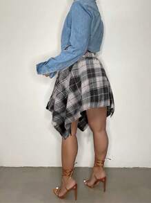 Plus Size Hip Hop Plaid Skirt 2025 - Women's Streetwear Tartan Skirt With Detachable Sleeves, Multi-Color Rap Style Skirt, High Waist A-Line Skirt With Belt (1X-5X) - Đen và trắng - Xem 4