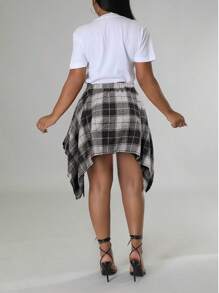 Plus Size Hip Hop Plaid Skirt 2025 - Women's Streetwear Tartan Skirt With Detachable Sleeves, Multi-Color Rap Style Skirt, High Waist A-Line Skirt With Belt (1X-5X) - Đen và trắng - Xem 8