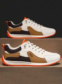 Men's Casual Low-Top Sneakers, Lightweight Comfortable Flat Outdoor Running Walking Shoes - White Orange - View 3