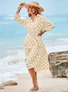 Popular Bohemian Midi Shirt Dress Long Sleeve Color Block Button Down Beach Design - Beige - View 1