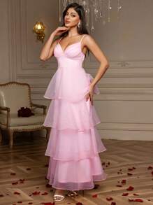 Frühlings- und Sommer A-Linien Kleid mit rosa Organzabändern, romantisches Valentinstagkleid, Geburtstagsparty-Kleid, mehrlagiger Kuchensaumrock, geeignet als Abschlussballkleid, kann auch für Strandurlaub, Lässig, Geburtstagsfeiern und als Hochzeitsgast-Kleid getragen werden