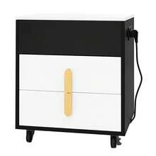 Bedside Table, With USB Charging Interface, Including Lifting Table, Movable Pulley Design, Bedroom Bedside Table, Cabinet In The Living Room, With Two Drawers, Black + White
