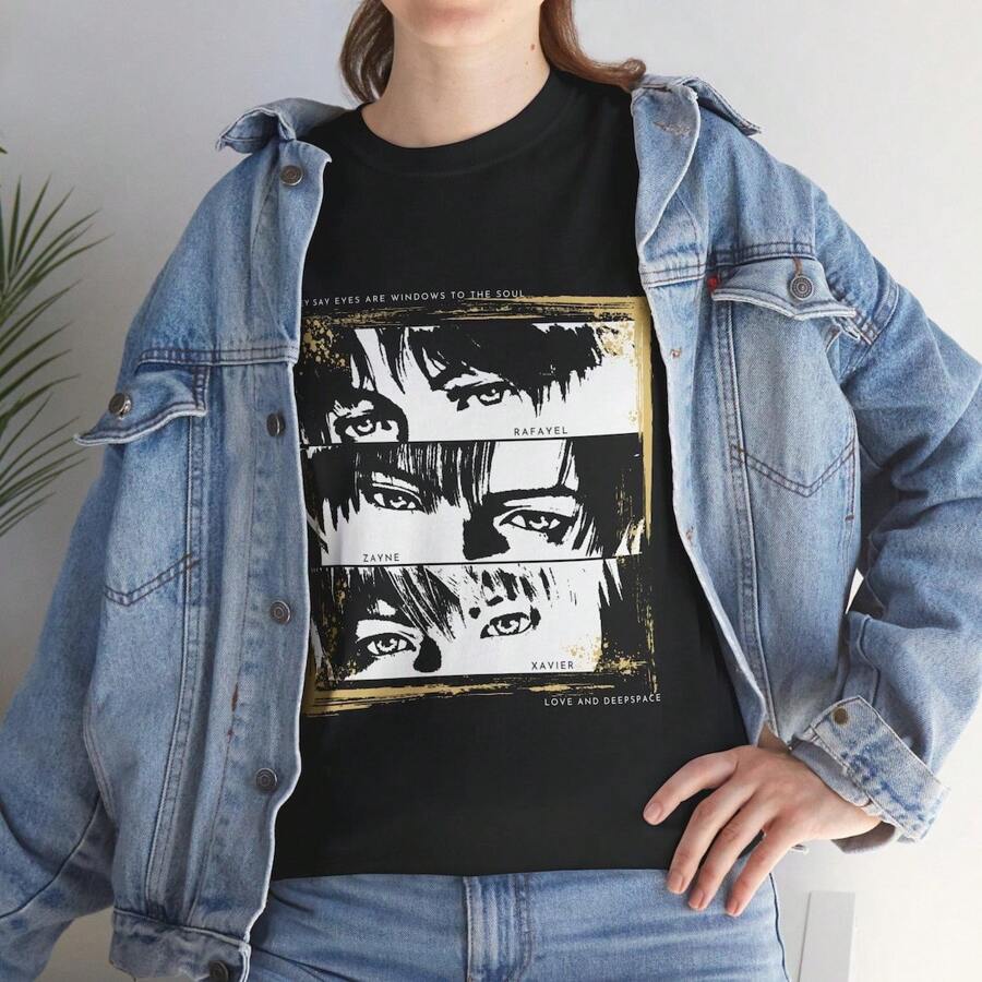 Love And Deepspace Shirt, Love And Deepspace Xavier, Rafayel, Zayne, Sylus, Otome T-Shirt, Oversized Short Sleeve Classic Heavy Cotton T Shirt Printed Graphic Tee Women's Casual Short-Sleeved Top - 黑色 - 查看 1