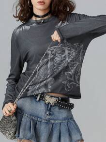 Women Y2k Fairy Grunge T-Shirt Top Goth Skull Print Long Sleeve Shirts Punk Gothic E-Girl Loose Tees Tops Vintage Aesthetic Clothes Streetwear - màu đen - Xem 6