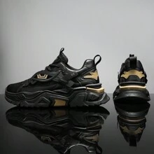 Multi Functional Thick Soled Men's Skateboarding Shoes Sports Shoes, Breathable Mesh Upper And Durable PU/Rubber Sole, Lace Up Casual Sports Shoes With Blue Decoration, Very Suitable For Casual Wear, Versatile Shoe Accessories - 黑色 - 查看 3