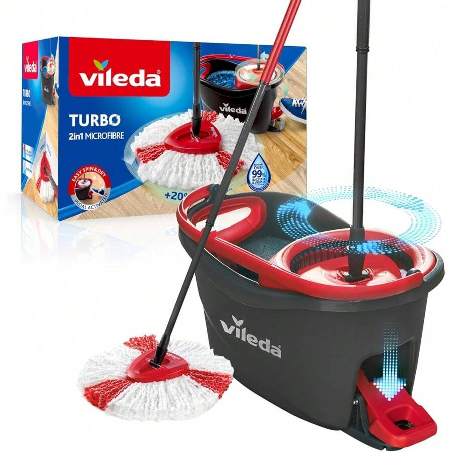 Vileda Turbo - Juego de fregona y cubeta de microfibra para limpiar suelos, juego de 1 fregona y 1 cubo, embalaje ecológico, rojo y blanco - 1 - Ver 1