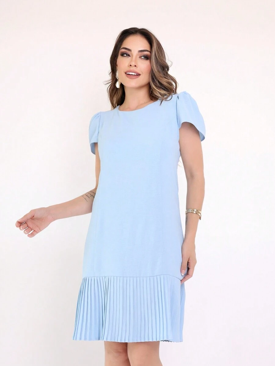 Women's Short Polished Dress With Dune Fabric Sleeves - 淺藍色 - 查看 1