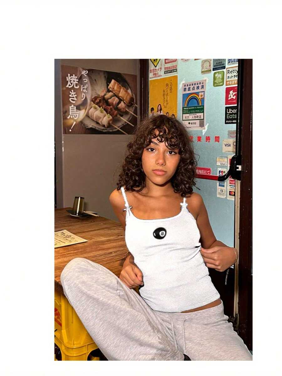 Women's Y2K Billiard Print Cami Tank Tops Sleeveless Scoop Neck Bow Camisole Slim Fit Tank Tops Summer Streetwear