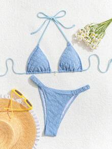 性感休闲度假女士特殊材质吊带比基尼泳装套装，适合夏季海滩度假 - 淺藍色 - 查看 1