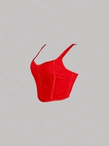 Sweetheart Neck Grommet Lace Up Back Crop Corset Cami Top - Red - View 3