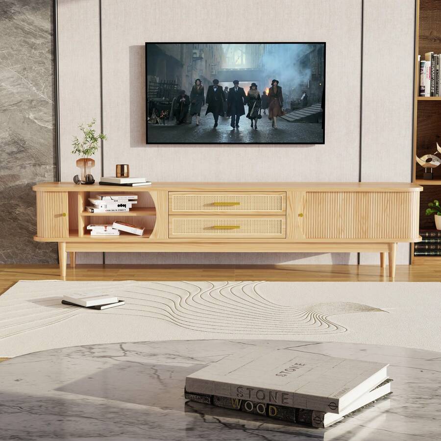 Modern TV Stand For TVs Up To 70 Inches, Entertainment Center With Rattan Door, 2 Drawers And Cabinets, Wood TV Storage Cabinet With Solid Wood Legs And Metal Handles For Living Room,Modern TV Console Table, TV Media Console, Living Room Furniture, Low Profile TV Stand Entertainment Center With Sliding Door, Drawer, Storage Shelves, Mid Century Modern Media TV Console - tự nhiên - Xem 1