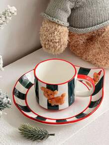 1pc Limited Edition Vintage Donkergroene Handgeschilderde Relief Bell Puppy Mok, Koffie/Thee Kopje & Ontbijtbord Cadeau