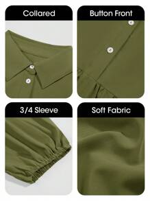 2026 Popular Fall Maxi Shirt Dress V Neck Vestidos Elegantes De Mujer Button Down 3/4 Sleeve Tiered Collared Flowy Design - 軍綠色 - 查看 6