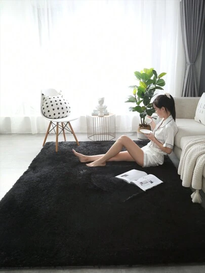 升级版 D35 高回弹泡沫黑色毛绒矩形地毯，适合客厅家居装饰