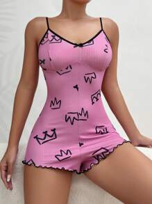 卡通印花可爱连体睡衣，舒适休闲 - 玫紅色 - 查看 1