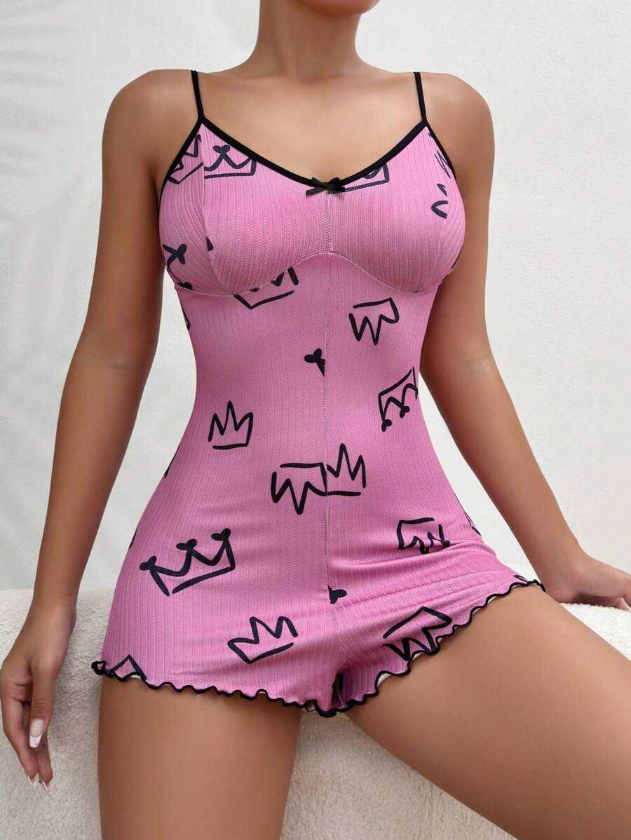 卡通印花可爱连体睡衣，舒适休闲 - 玫紅色 - 查看 1