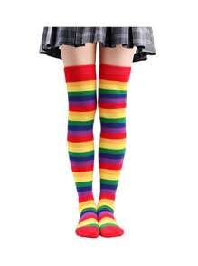 1 双狂欢节彩色过膝袜，女士条纹过膝袜，适合派对、动漫角色扮演 - 彩色 - 查看 4