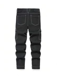 Teenage Boy's Straight Leg Pocket Casual Cargo Denim Jeans - Black - View 2