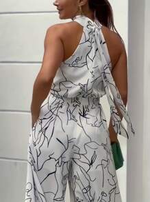 Elegant Sleeveless Party Palazzo Jumper, Wide Leg Printed Jumpsuit, Women's Elegant Sleeveless High Waisted Jumpsuit - 彩色 - 查看 2