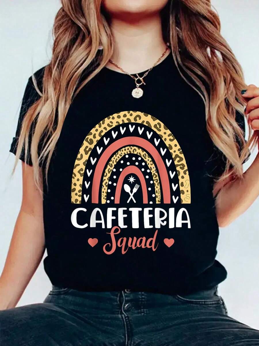 Cafeteria Boho Rainbow Leopard Lunch Lady Crew T-Shirt Cotton Graphic Tee For Women, Round Neck Short Sleeve Casual Tops - Black - View 1