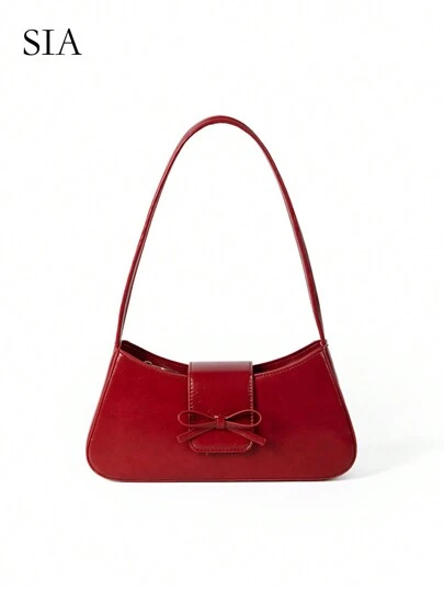 1 件复古简约芭蕾风格蝴蝶结豹纹外露衬里黄色波尔卡圆点安哥拉装饰单肩法棍包，适合约会、郊游、派对、情人节