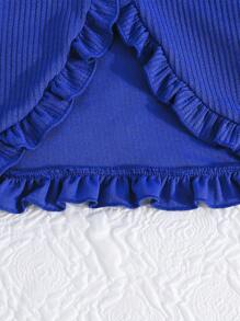 Young Girl Spring/Autumn 2pcs Set, Fashionable Ruffle Trim Jacket Sleeveless Butterfly & Flower Printed Dress, Elegant Outfit - Royal Blue - View 6