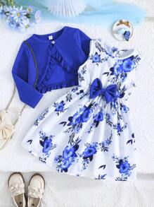 Young Girl Spring/Autumn 2pcs Set, Fashionable Ruffle Trim Jacket Sleeveless Butterfly & Flower Printed Dress, Elegant Outfit - Royal Blue - View 3