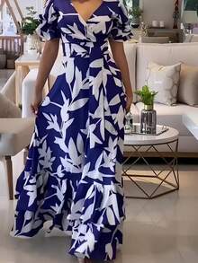 Plus Size Women Floral Print V-Neck Dress With Puff Sleeves & Ruffle Hemline, Polyester Knot Detail, Back Zipper, Elegant Vacation Dress For Spring, Summer & Autumn