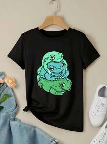 Frog Stack A Playful And Colorful Cartoon Illustration Of Cute And Expressive Frogs With Clean Lines For Women's Women T-Women's Shirt - Black - View 3