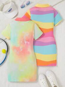 2pcs/Set Girls Casual Cartoon Printed Short Sleeve V-Neck Knee-Length Dress For Summer - Multicolor - View 2