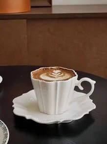 1 Pc French High-End Embossed Floral Lace Design Coffee Cup & Saucer Set, Elegant Afternoon Tea And Latte Cup Back To School - White - View 5