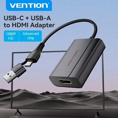 VENTION 二合一 USB 转 HDMI 适配器，1080P@60Hz 双端口 Type-C+USB A 转 HDMI 便携式转换器，适用于台式电脑、笔记本电脑、电视、投影仪、显示器
