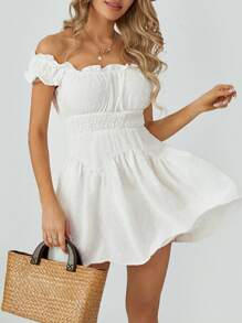 Women Flowy Pirate Dress Fairy Short Sleeve Y2k Off Shoulder Ruffle Corset Mini Dresses - trắng - Xem 8