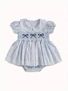 Newborn Baby Girls Summer Romper Dress Bow Embroidery Floral Print Short Sleeve Sweet Princess Dress - 藍色 - 查看 1
