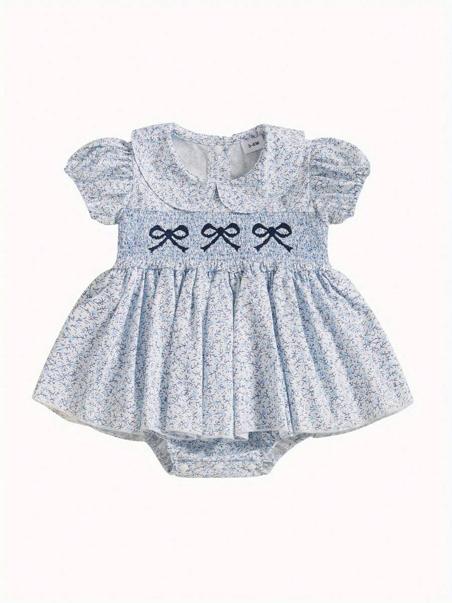 Newborn Baby Girls Summer Romper Dress Bow Embroidery Floral Print Short Sleeve Sweet Princess Dress - 藍色 - 查看 1
