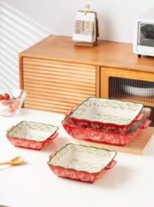 Assadeira quadrada de cerâmica pintada à mão com padrão floral vintage vermelho e alças, utensílios de cozinha para salada, grelhados, assados, sobremesas e pizzas, adequada para forno e micro-ondas