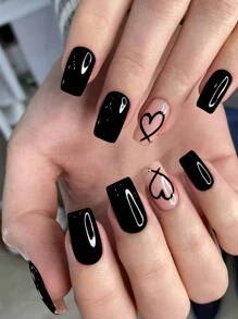 Bộ 24 móng tay giả ngắn hình vuông màu đen hình trái tim, móng acrylic đính đá, vừa vặn hoàn hảo, màu đen. Bao gồm: 1 lọ keo dán móng và 1 dũa móng. Móng tay Valentine dành cho phụ nữ và bé gái, thích hợp sử dụng hàng ngày và trong các bữa tiệc ngày Valentine. - màu đen - Xem 8